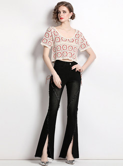 Daily Openwork Tops & Tight Split Flare Jeans For Women