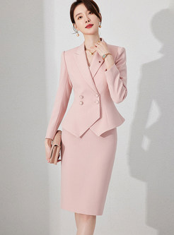 Elegant Large Lapels Double-Breasted Mid-Gauge Skirt Suits For Women