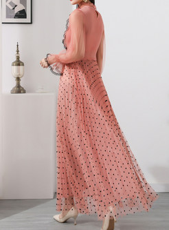 Hot Lace-Trimmed Big Hem Polka Dot Long Dresses