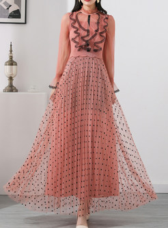 Hot Lace-Trimmed Big Hem Polka Dot Long Dresses