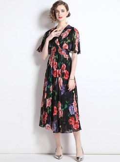 Luxe V-Neck Floral Print Chiffon Midi Dresses