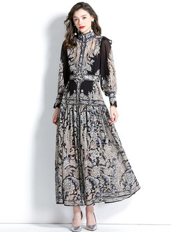 Elegant Mockneck Printed Waisted Maxi Dresses