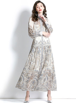 Elegant Mockneck Printed Waisted Maxi Dresses