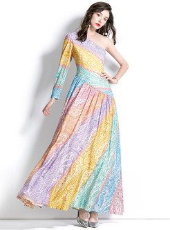 Bohemian One Sleeve Floral Print Big Hem Long Dresses