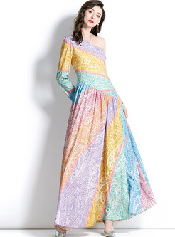 Bohemian One Sleeve Floral Print Big Hem Long Dresses
