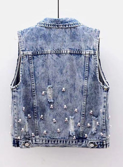 Women's Chicwish Turn-Down Collar Appliques Pearl Decoration Denim Vests