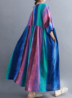 Romance Linen-Blend Half Sleeve Colorful Striped Plus Size Dresses
