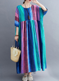 Romance Linen-Blend Half Sleeve Colorful Striped Plus Size Dresses