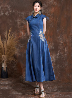 Turn-Down Collar Embroidered Short Sleeve Denim Maxi Dresses