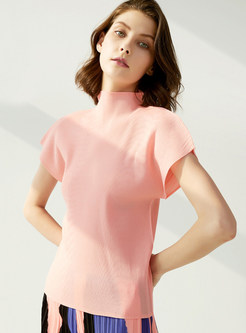 Mockneck Solid Color Short Sleeve T Shirts For Women
