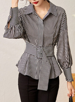 Exclusive Turn-Down Collar Striped Ladies Blouses