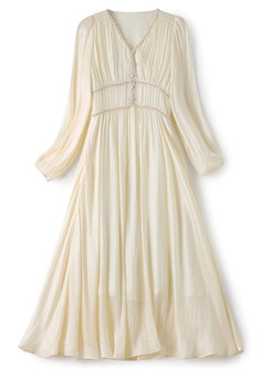 Elegant V-Neck Long Sleeve Swing Midi Dresses