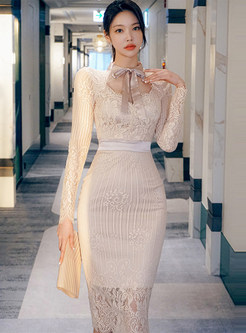 Bow Tie Neck Long Sleeve Lace Bodycon Dresses
