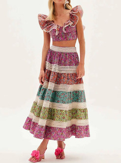 Sweet & Cute V-Neck Ruffles Crop Tops & Color Contrast Big Hem Skirt Suits