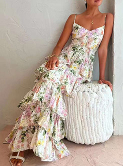 Hot All Over Print Pleated Layer Frill SunDresses