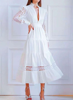 Classic-Fit Puff Sleeve Mockneck Openwork Big Hem Midi Dresses