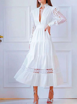 Classic-Fit Puff Sleeve Mockneck Openwork Big Hem Midi Dresses