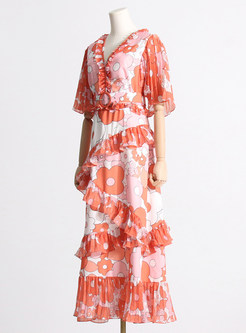 Romantic Deep V-Neck Ruffle Hem Printed Midi Dresses