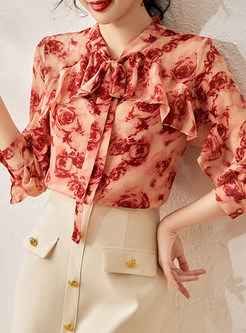 Floral Bow Tie Neck Long Sleeve Chiffon Blouse