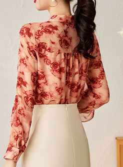 Floral Bow Tie Neck Long Sleeve Chiffon Blouse