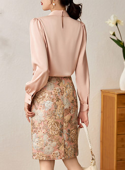 Elegant Long Sleeve Floral Skirt Suit