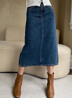 Classic Solid Color Denim Midi Skirts For Women