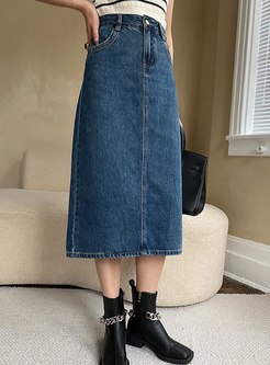 Classic Solid Color Denim Midi Skirts For Women