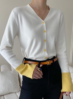 Elegant V-Neck Contrasting Flare Sleeve Open Front Knitted For Women