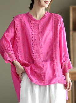 Loose Embroidered Crew Neck Plus Size Blouses For Women