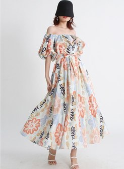 Romantic Off Shoulder Floral Print Puff Sleeve Long Dresses
