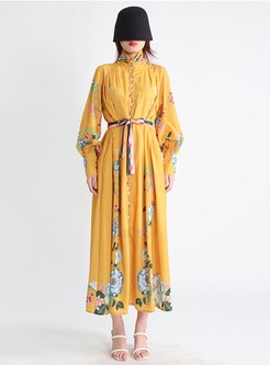 Exclusive Mock Neck Single-Breasted Printed Maxi Dresses