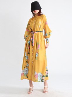 Exclusive Mock Neck Single-Breasted Printed Maxi Dresses