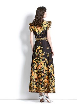 Turn-Down Collar Vintage Floral Print Maxi Dresses