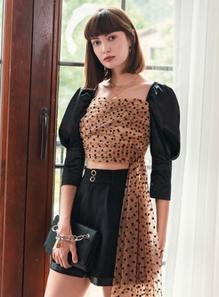 Square Neck Patch Polka Dot Cropped Top For Women