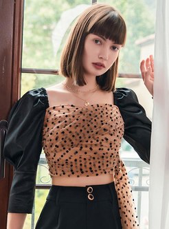 Square Neck Patch Polka Dot Cropped Top For Women