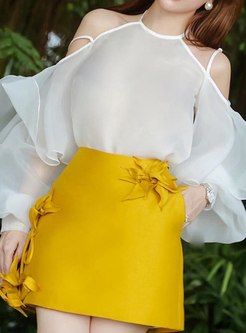 Chicwish Off Shoulder Transparent Tops & Solid Color Short Skirts