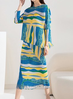 Romantic Fringes-Trimmed Printed Skirt Suits For Women