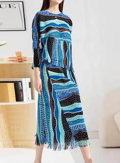 Romantic Fringes-Trimmed Printed Skirt Suits For Women