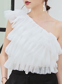 Stylish Open Shoulder Pleated Layer Mesh White Crop Tops Women
