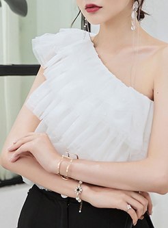 Stylish Open Shoulder Pleated Layer Mesh White Crop Tops Women