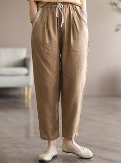 Boxy Linen Elastic Waist Women's Pants