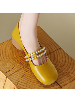 Minimalist Round Toe Pearl PU Shoes For Women