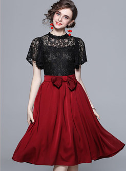 Pretty Water Soluble Lace Top & High Waisted Bow-Embellished Skirts For Women