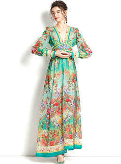 Elegant All Over Print Deep V-Neck Chiffon Long Dresses