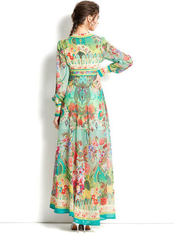 Elegant All Over Print Deep V-Neck Chiffon Long Dresses