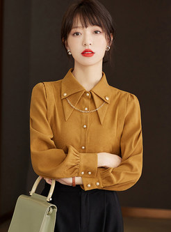 Turn-Down Collar Pearl Button Dressy Blouses For Women
