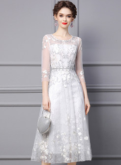 Chic Embroidered 3/4 Sleeve Organza Midi Dresses