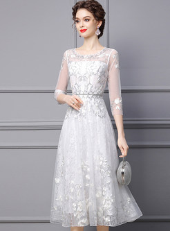 Chic Embroidered 3/4 Sleeve Organza Midi Dresses