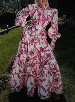 Distored Selvedge Mockneck All Over Print Maxi Dresses