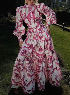 Distored Selvedge Mockneck All Over Print Maxi Dresses